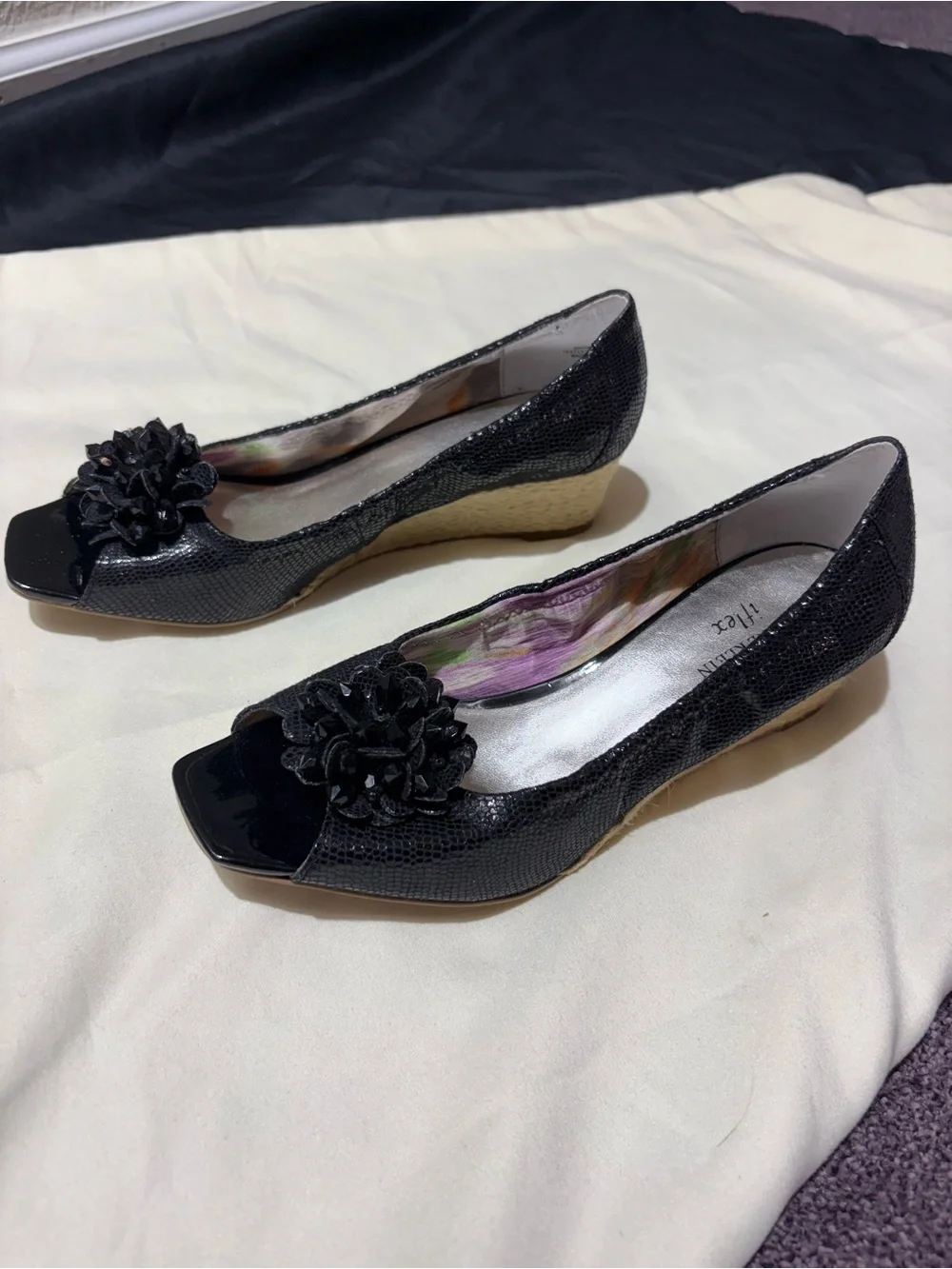 Anne Klein Black Open-Toe Pumps with Floral Rosette